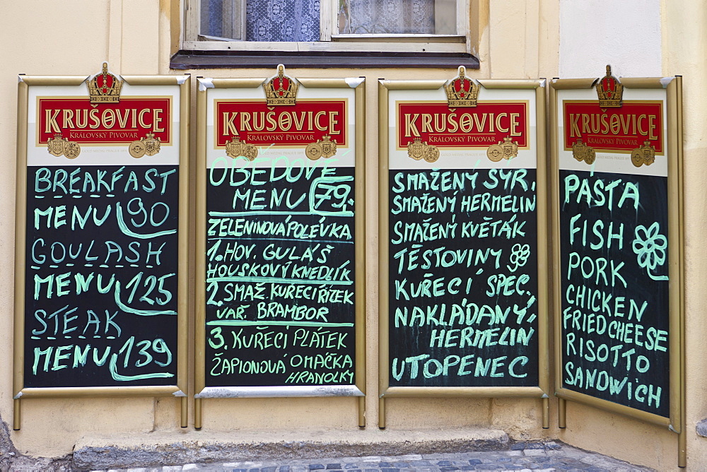 Menu on blackboards, historic town of Prague, Czech Republic, Europe