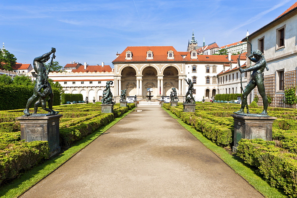 Wallenstein Palace and the castle garden, row of bronze statues, historic district, Prague, Czech Republic, Europe