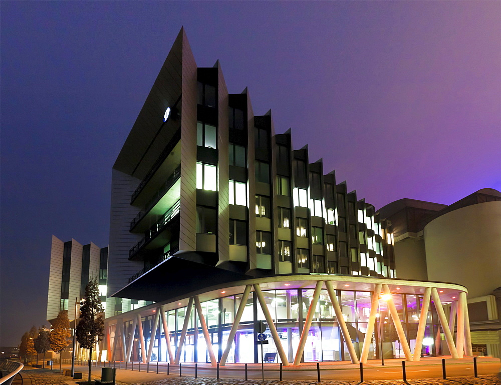 Modern office buildings in fog, Westhafen Pier 1, Frankfurt am Main, Hesse, Germany, Europe