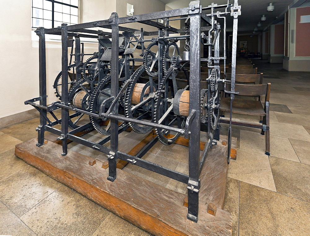 Clockwork of a church clock in the parish church of St Moritz, Coburg, Upper Franconia, Franconia, Bavaria, Germany, Europe