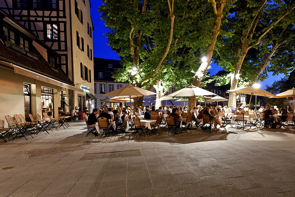 Wine and food restaurant in the district of La Petite France, Strasbourg, Ill, Alsace, France, Europe