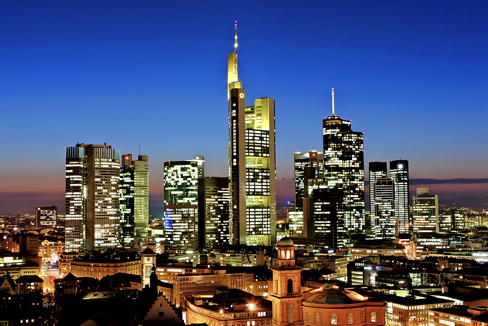 View of Frankfurt and its skyline, Commerzbank, Hessische Landesbank, Deutsche Bank, European Central Bank, Skyper building, Sparkasse, DZ Bank, Paulskirche church, Roemer city hall, Frankfurt, Hesse, Germany, Europe