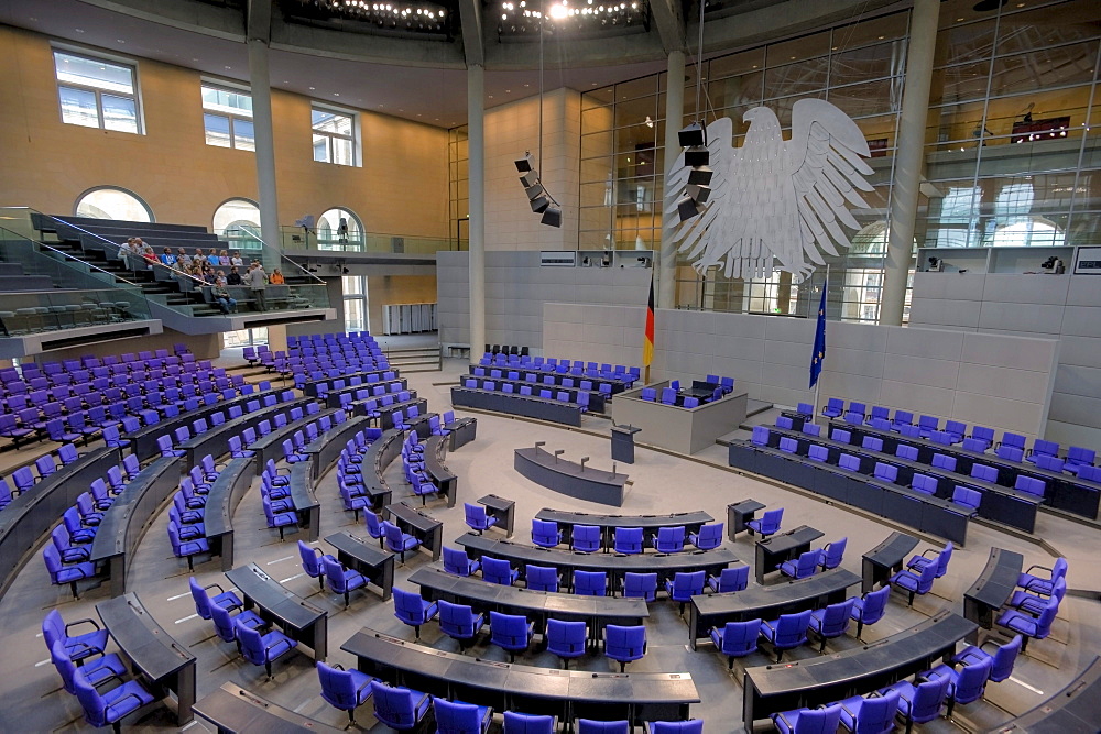 Empty plenary hall with a small group of visitors, German Bundestag parliament, Berlin, Germany, Europe