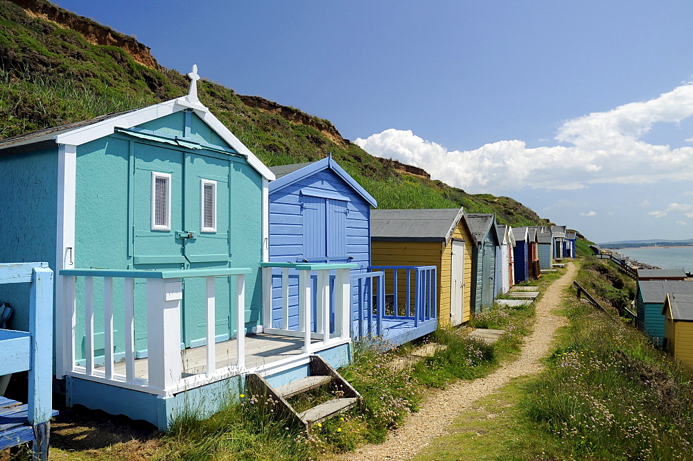 Beach huts on the beach of Milford on Sea, southern England, Great Britain, Europe