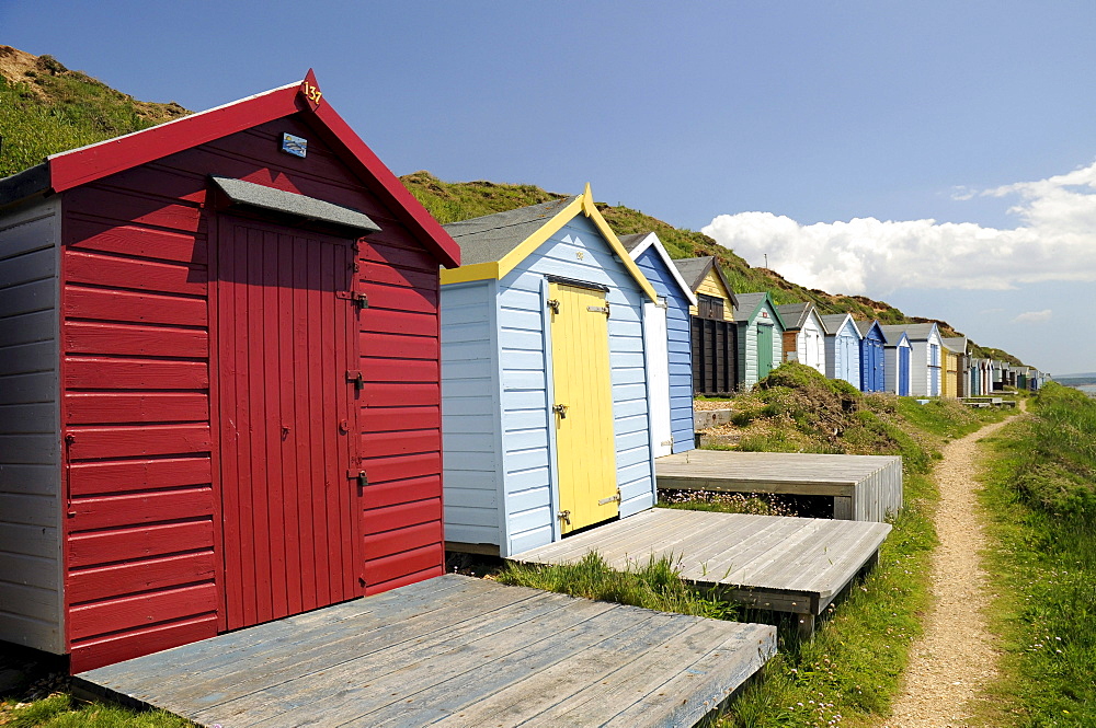 Beach huts on the beach of Milford on Sea, southern England, Great Britain, Europe