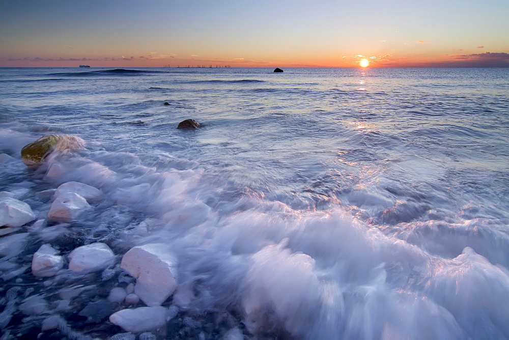 Sunrise at the Moens Klint chalk cliffs, Moen island, Denmark, Europe