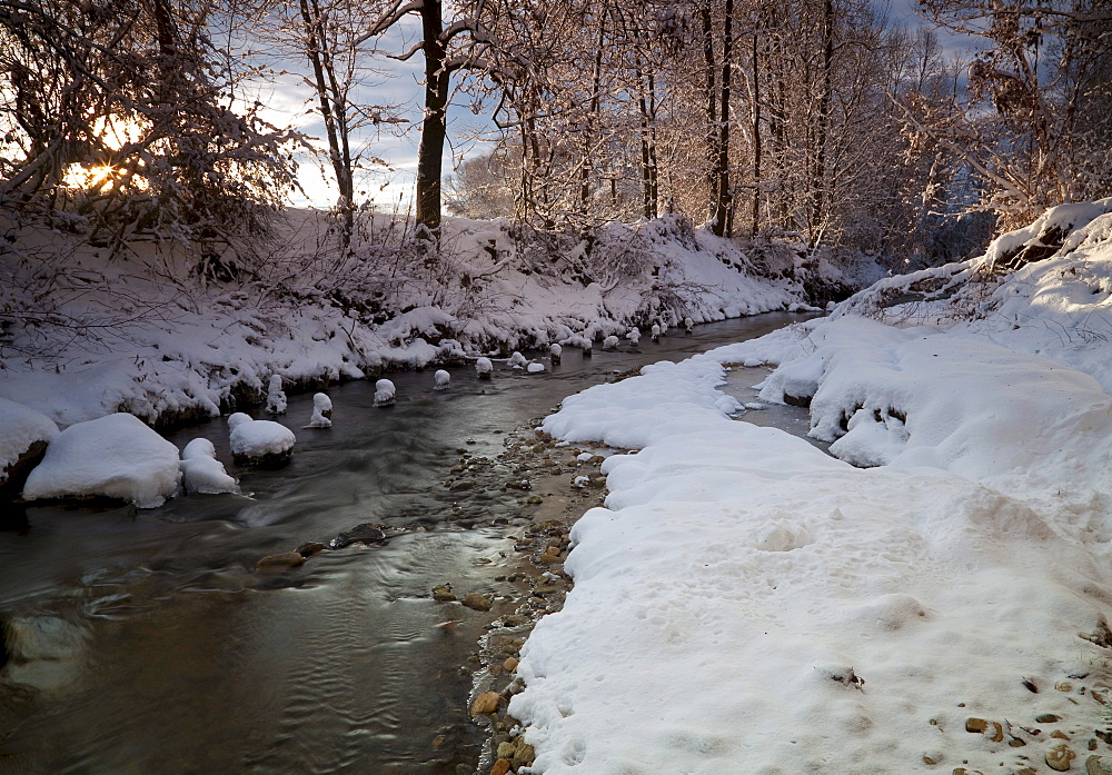 River landscape, Feistritz river, with snow in the first morning light, Styria, Austria, Europe