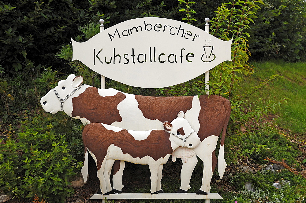 Advertising sign, Mambercher Kuhstallcafe, Krumme Leite 2, Maebenberg, Middle Franconia, Bavaria, Germany, Europe