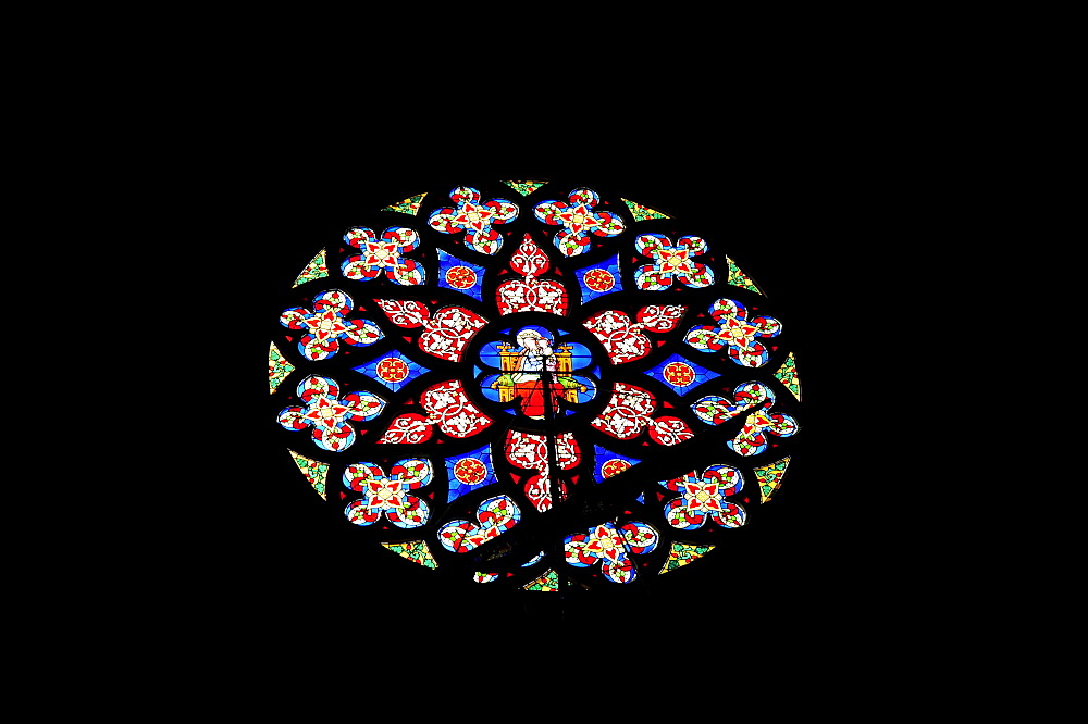 Rosette with stained glass, lead glass window, Notre Dame du Sablon Church, Zavel Kerk, city centre, Brussels, Belgium, Benelux, Europe