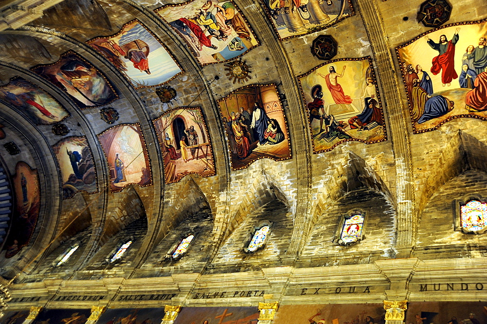 Ceiling painting in the church Nostra Senyora dels Angels, Pollensa, Pollenca, Majorca, Balearic Islands, Mediterranean, Spain, Europe