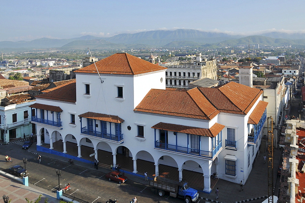 Fidel Castro balcony, town hall, Parque Cespedes park, Santiago de Cuba, historic district, Cuba, Caribbean, Central America