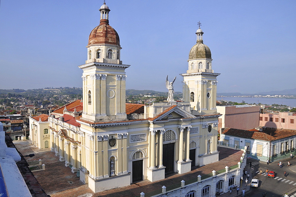 Cathedral of Santiago de Cuba, as seen from the terrace of the Casa Granda Hotel, Parque Cespedes park, Santiago de Cuba, historic district, Cuba, Caribbean, Central America