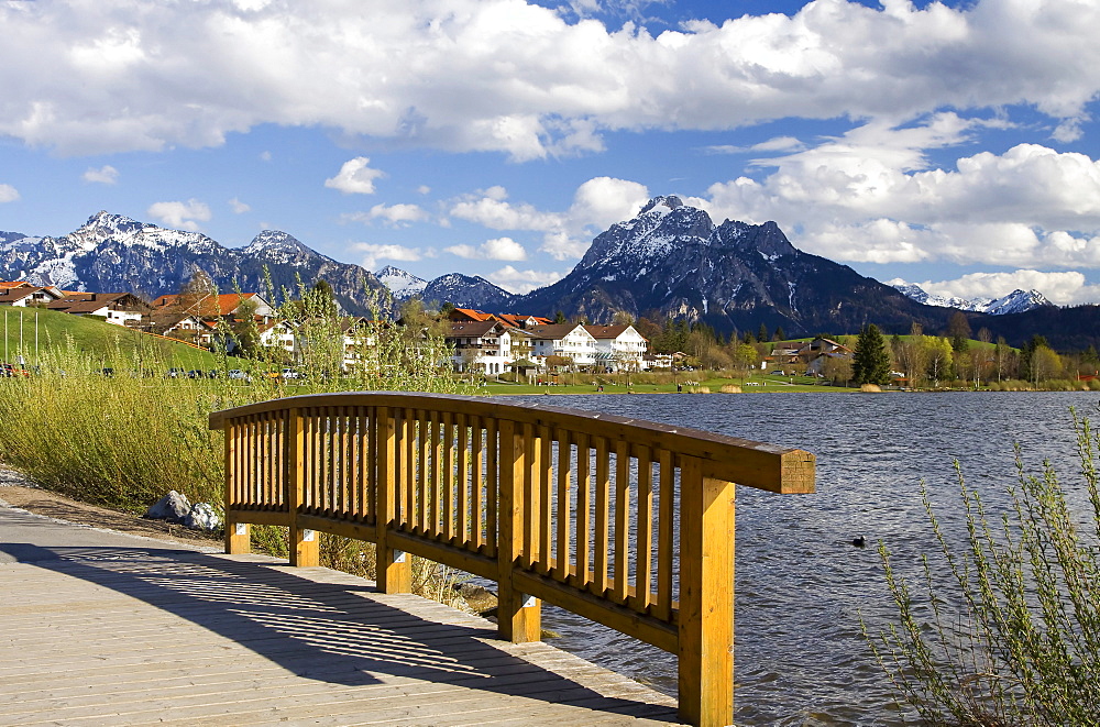 Wood bridge on Lake Hopfensee, Hopfen am See, Bavaria, Germany, Europe