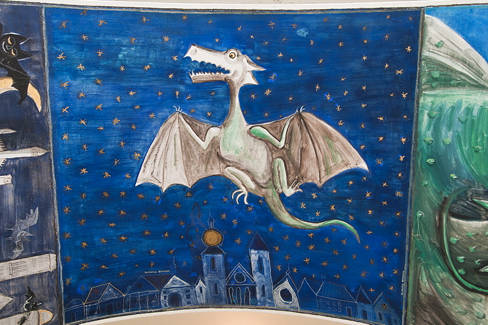 Painting of a dragon on the arches of the city hall, Sarmede, Treviso, Veneto, Italy, Europe