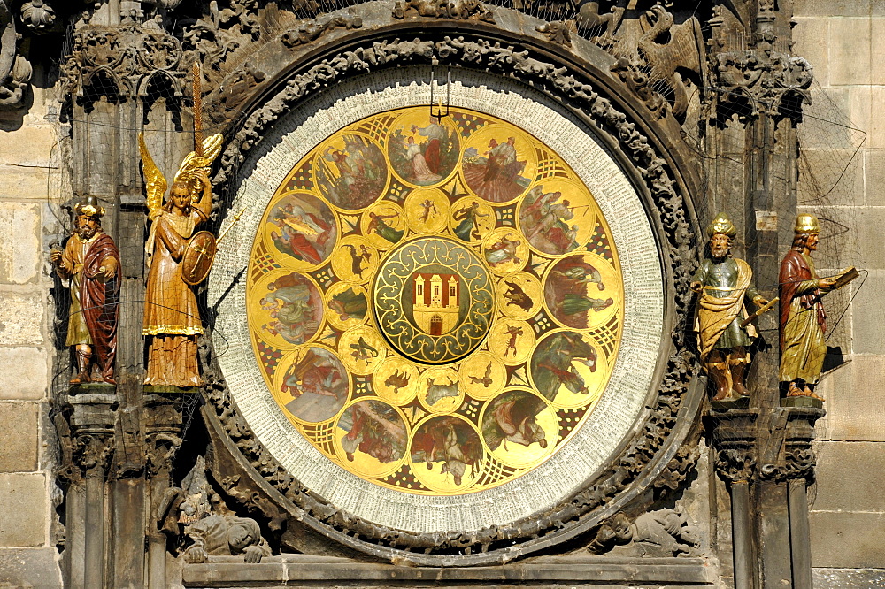 Calendar dial of the Prague Astronomical Clock on the clock tower of the Old Town City Hall, Old Town Square, historic district, Prague, Bohemia, Czech Republic, Europe