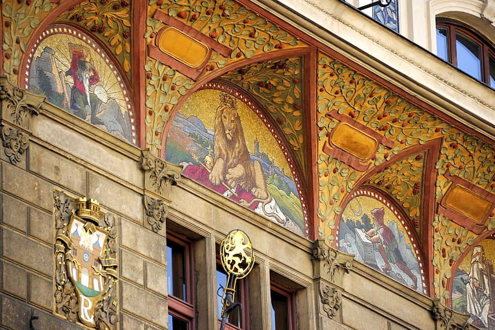 Mosaics on an art nouveau style building, historic district, Prague, Bohemia, Czech Republic, Europe