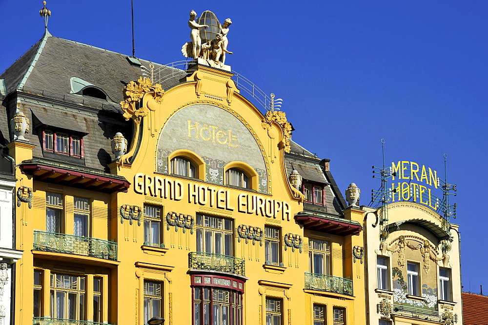 Art Nouveau hotels Grand Hotel Europa and Meran Hotel, Wenceslas Square, Prague, Bohemia, Czech Republic, Europe