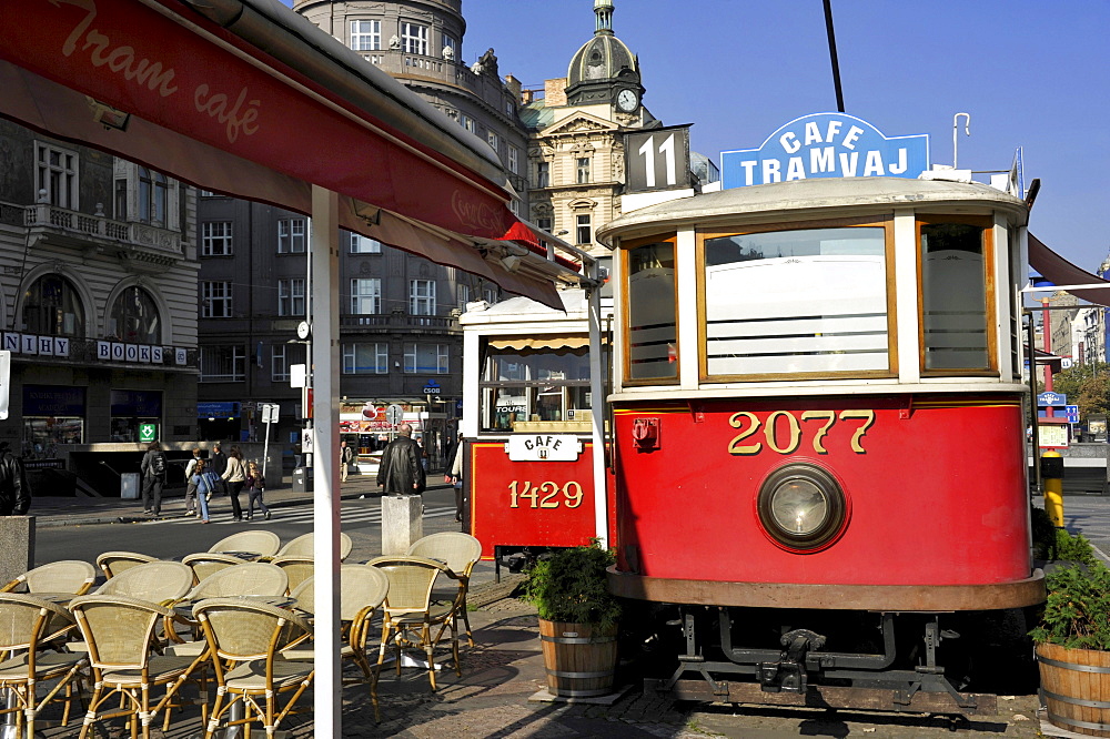 Old railway cars, Tram Cafe, Wenceslas Square, Prague, Bohemia, Czech Republic, Europe