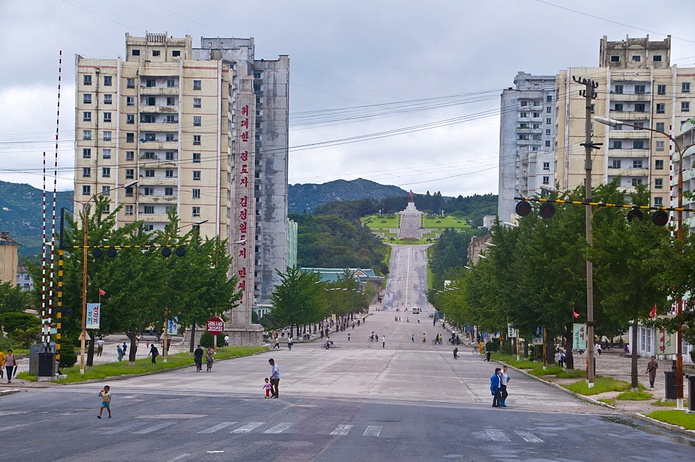 Car-free streets and communist residential buildings in Kaesong, North Korea, Asia