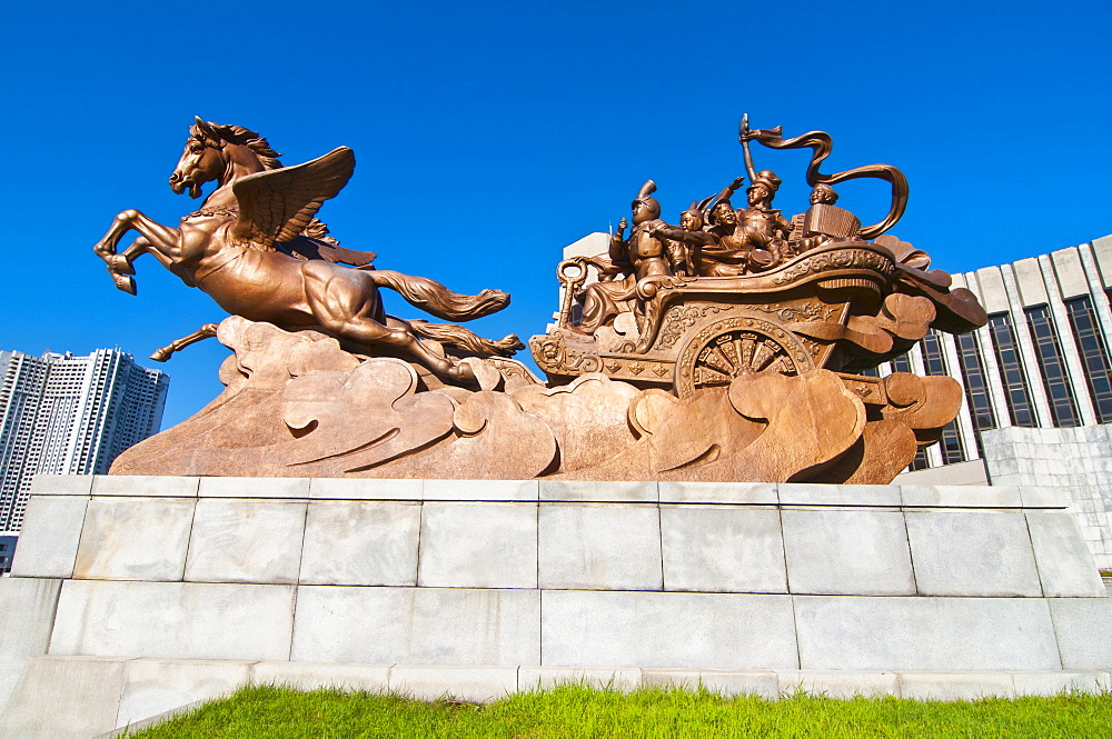 Equestrian statue in front of the Children's Palace, Pyongyang, North Korea, Asia