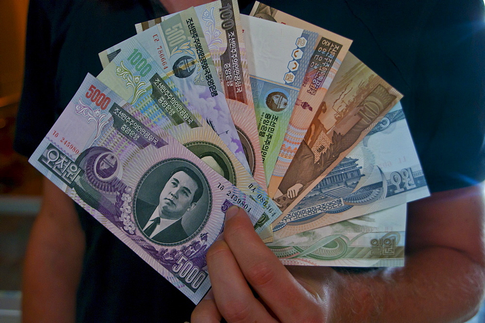 Person holding a fan of North Korean banknotes