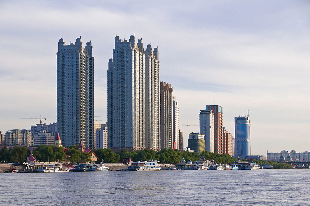 The skyline of Harbin with the Songhua River, Heilongjiang, China, Asia