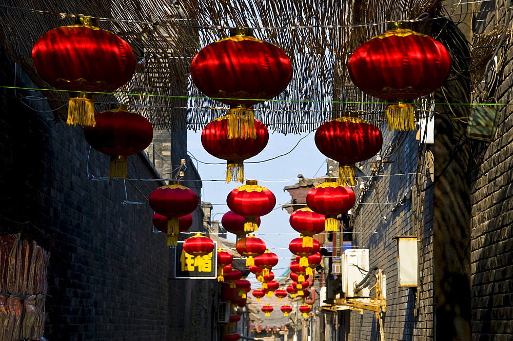 Lanterns in a side street in the historic old town of Pingyao, Unesco World Heritage Site, Shanxi, China, Asia