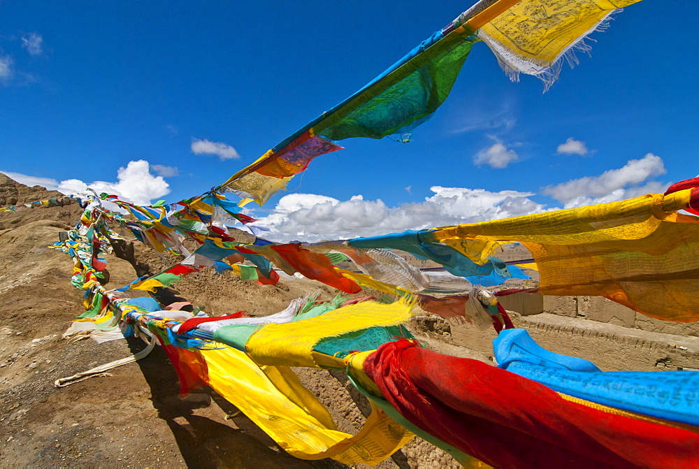 Prayer flags in the region of the ancient kingdom of Guge, Western Tibet, Tibet, Asia