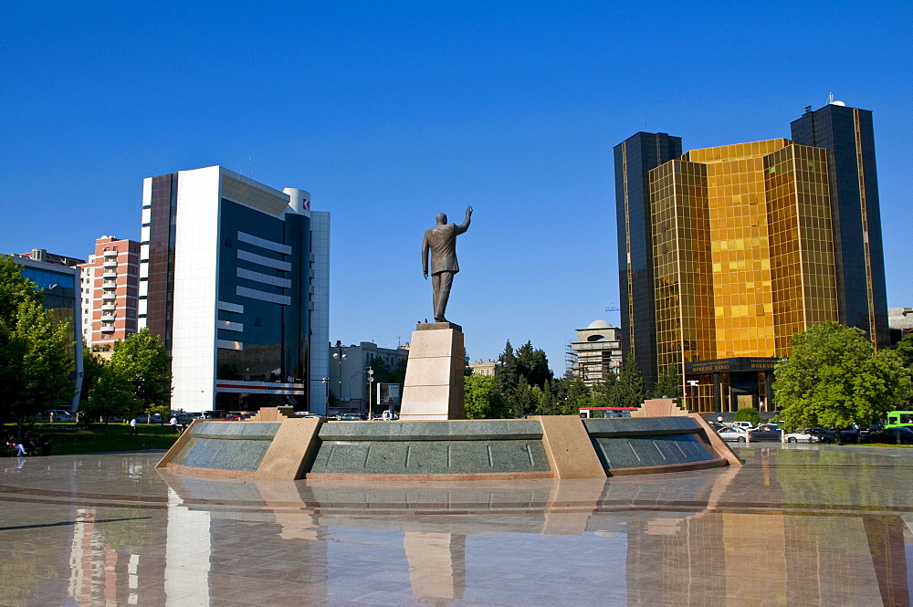 Modern buildings with a statue, Baku, Azerbaijan, Middle East