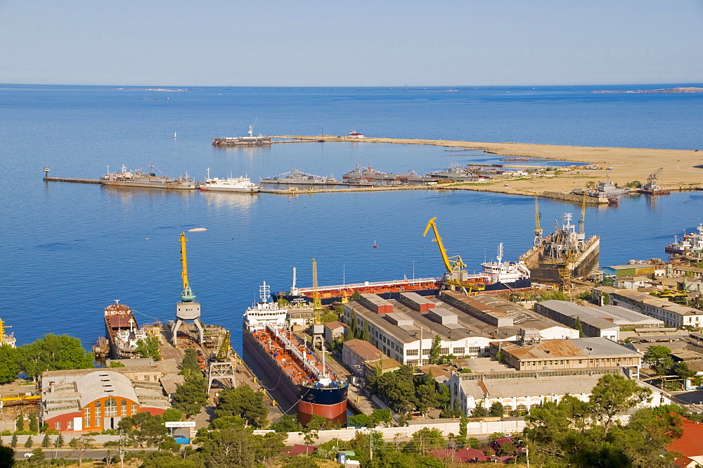 Baku Harbour with a container vessel, on the Caspian Sea, Azerbaijan, Caucasus region, Middle East