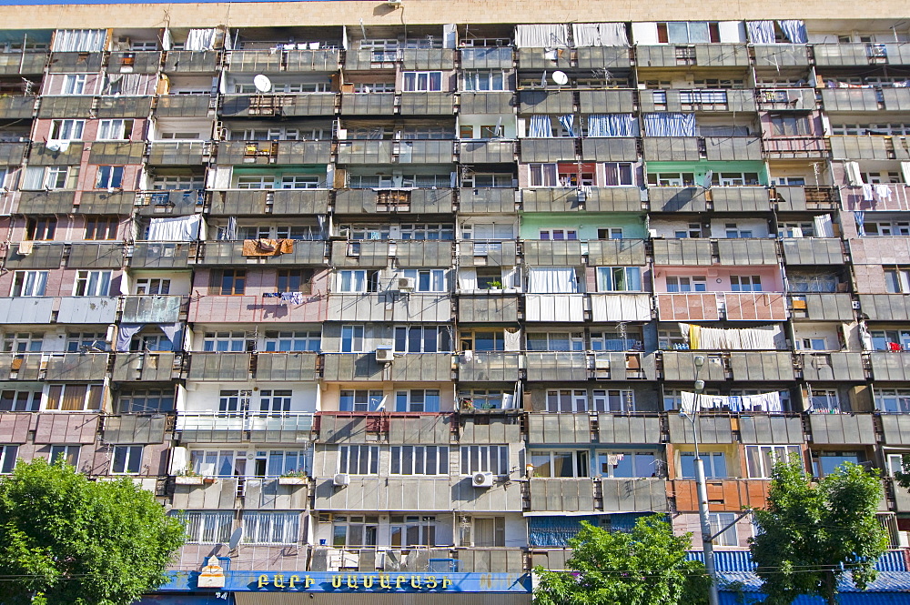 Facade of an apartment block with balconies, Yerevan, Armenia, Middle East