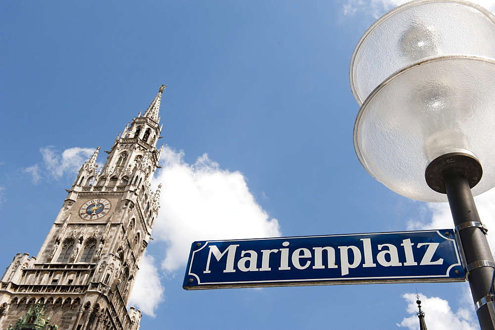 Marienplatz square, street sign, town hall tower, Munich, Upper Bavaria, Bavaria, Germany, Europe