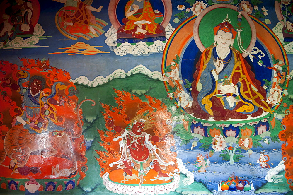 Tibetan Buddhism, old wall painting in the assembly hall, Padmasambhava, right, Guru Rinpoche, demons, Trakthok Gompa Monastery, Sakti near Leh, Ladakh district, Jammu and Kashmir, India, South Asia, Asia