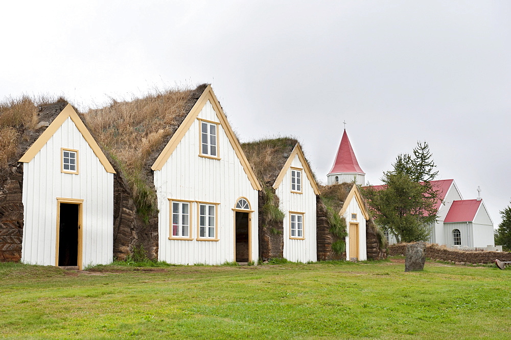 Open-air museum with church, sod houses, turf and sod constructions, Skagfjordur Heritage Museum, GlaumbÃŠr, Glaumbaer, Iceland, Scandinavia, Northern Europe, Europe