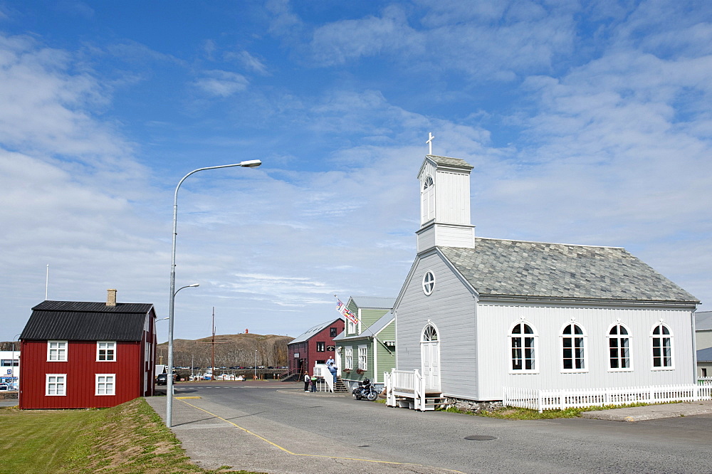 Main street, small red house and a white church, Stykkisholmur, Iceland Scandinavia Northern Europe, Europe