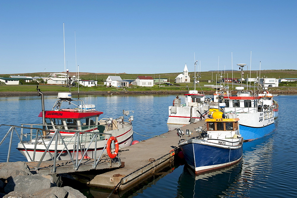 Harbour, small fishing boats, buildings and church, ï¬orshoefn, Thorshofn, Iceland, Scandinavia, Northern Europe, Europe