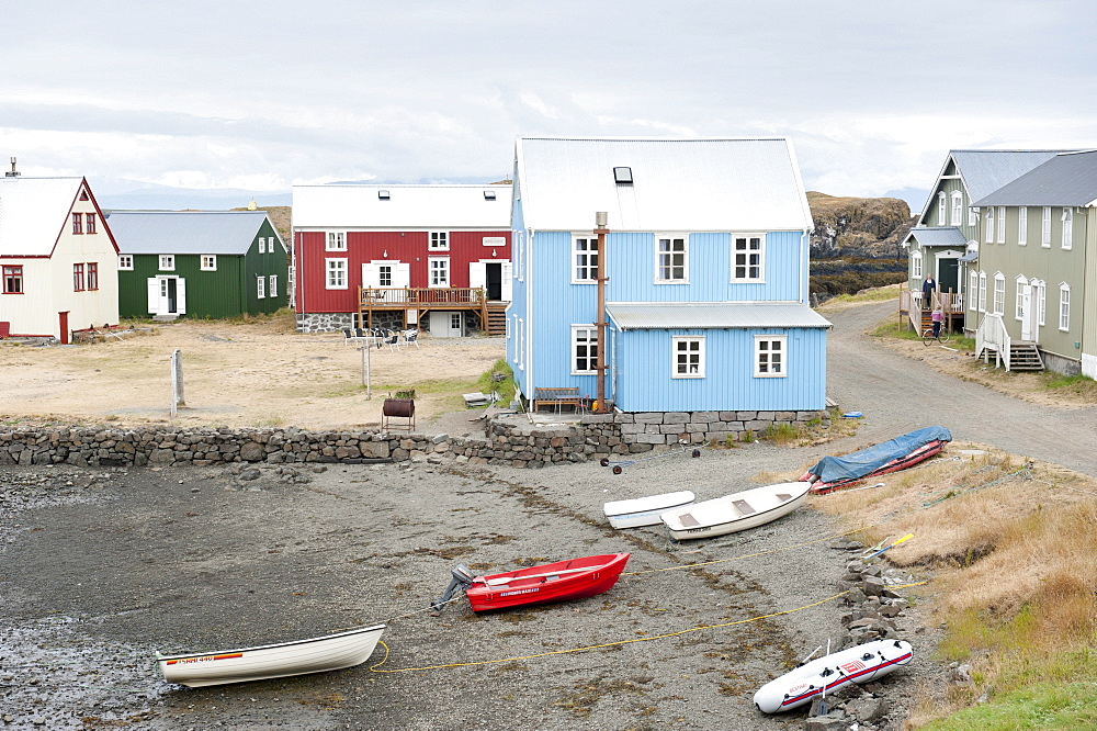 Colorful small houses, bay abd boats, Flatey island, Iceland, Scandinavia, Northern Europe, Europe