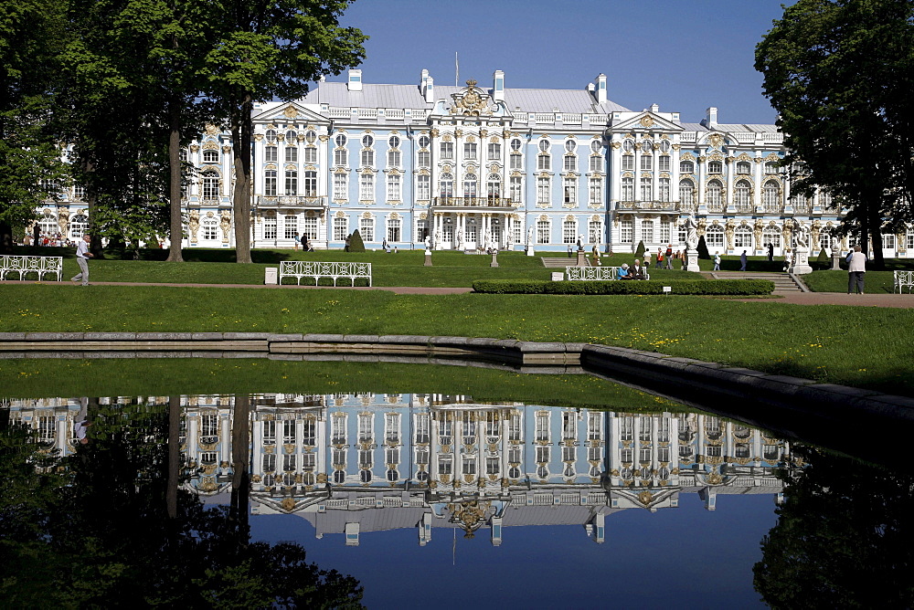 Reflection in the water, Catherine Palace, Tsarskoye Selo, UNESCO World Heritage Site, St. Petersburg, Russia