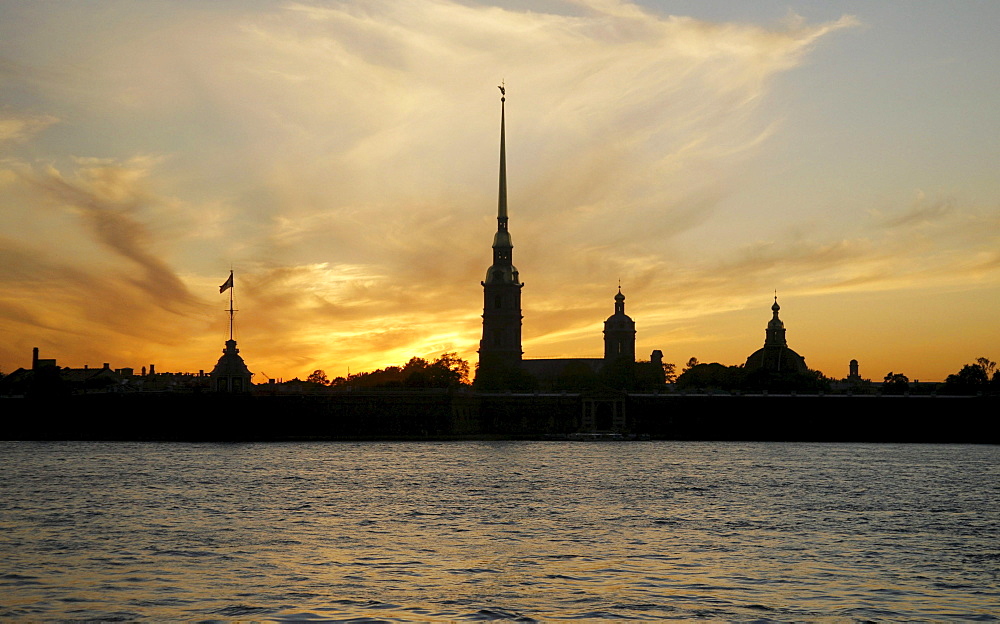 Evening mood at Peter and Paul Fortress on Rabbit Island, Neva River, St. Petersburg, Russia