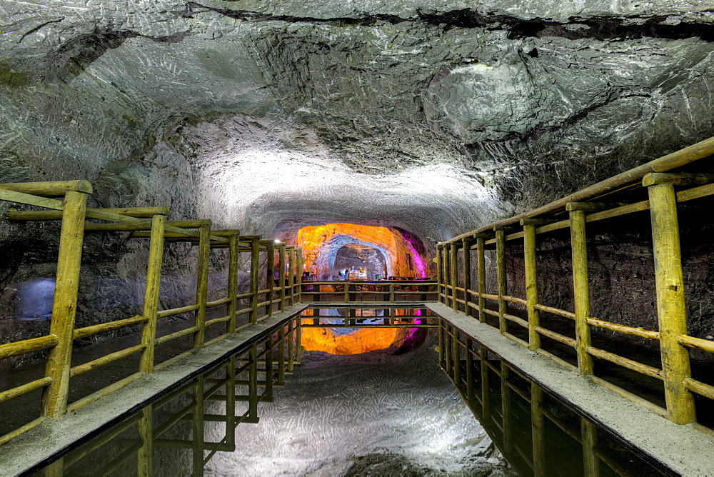 Water mirror of the Salt Cathedral of Zipaquira, Cundinamarca, Colombia, South America