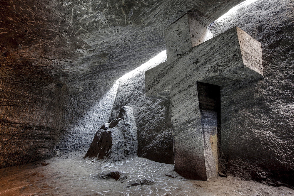 Cross-shaped stone in the underground Salt Cathedral of Zipaquira, Cundinamarca, Colombia, South America