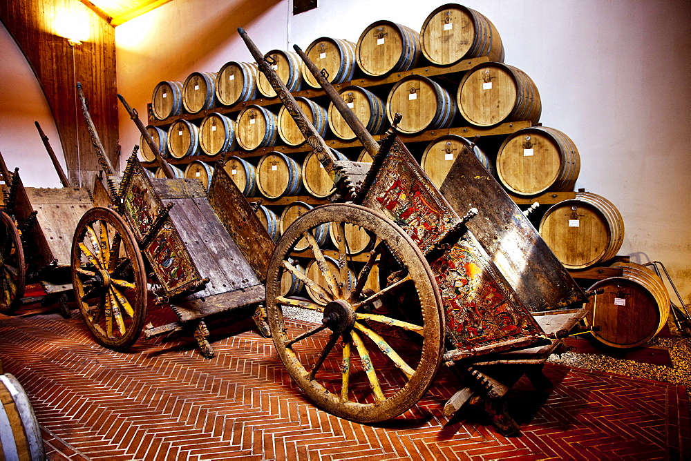 Sicilian cart in a wine cellar, Pellegrino Cellar, Marsala, Sicily, Italy, Europe