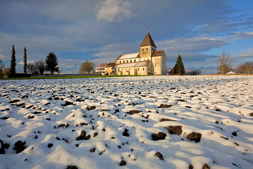 Church on the island of Reichenau in the evening light on Lake Constance, Baden-Wuerttemberg, Germany, Europe