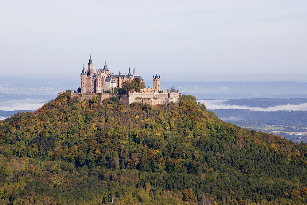 Burg Hohenzollern castle in autumn, Swabian Alb, Baden-Wuerttemberg, Germany, Europe