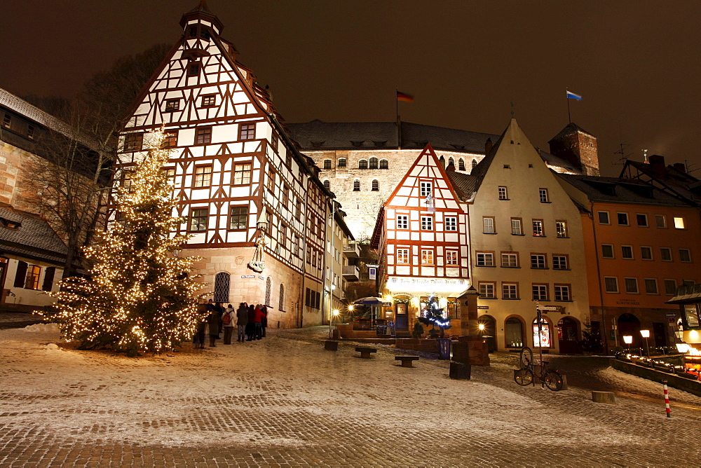 Historic district of Nuremberg with a Christmas tree, Bavaria, Germany, Europe