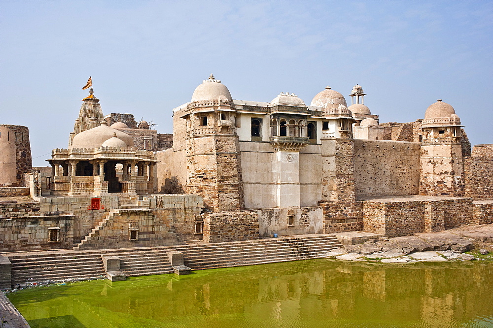 Ancient palace with an artificial lake, Chittorgarh Fort, Rajasthan, India, Asia