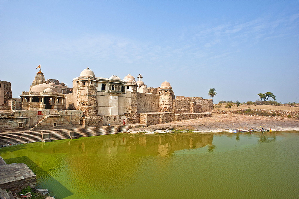 Ancient palace with an artificial lake, Chittorgarh Fort, Rajasthan, India, Asia