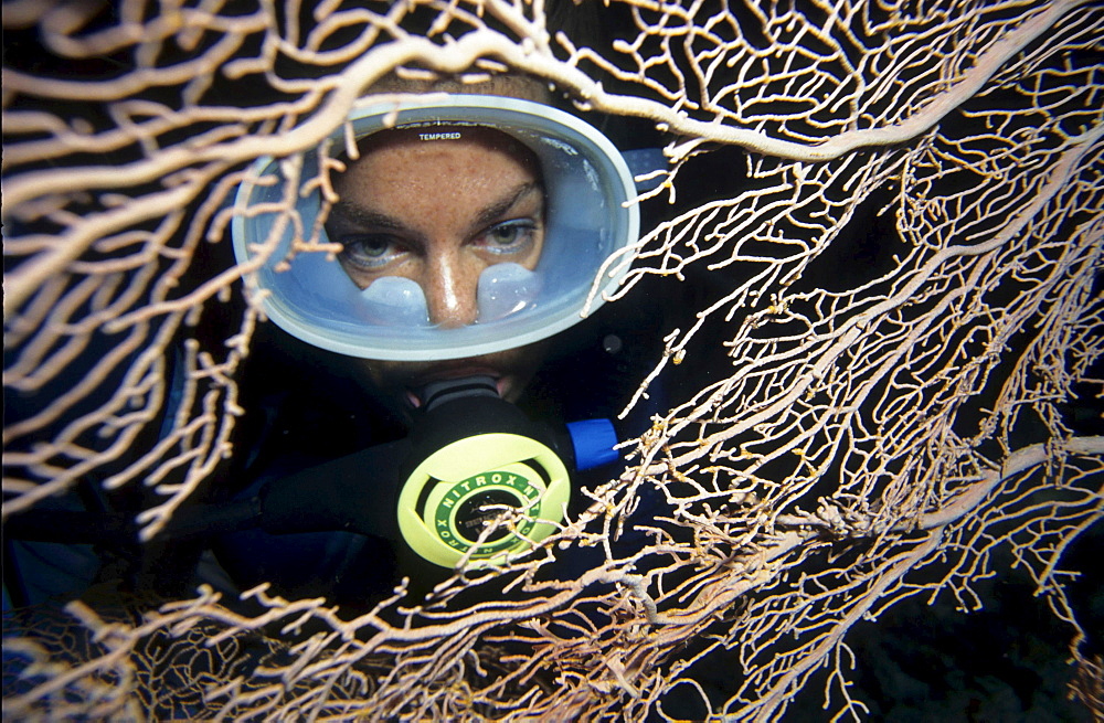 Diver's portraits behind a Gorgonie. The diver breaths a gas mixture, Nitrox.