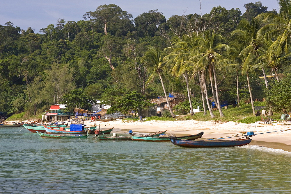 Small fishing boats in the Mango Bay, Phu Quoc Island, Vietnam, Southeast Asia