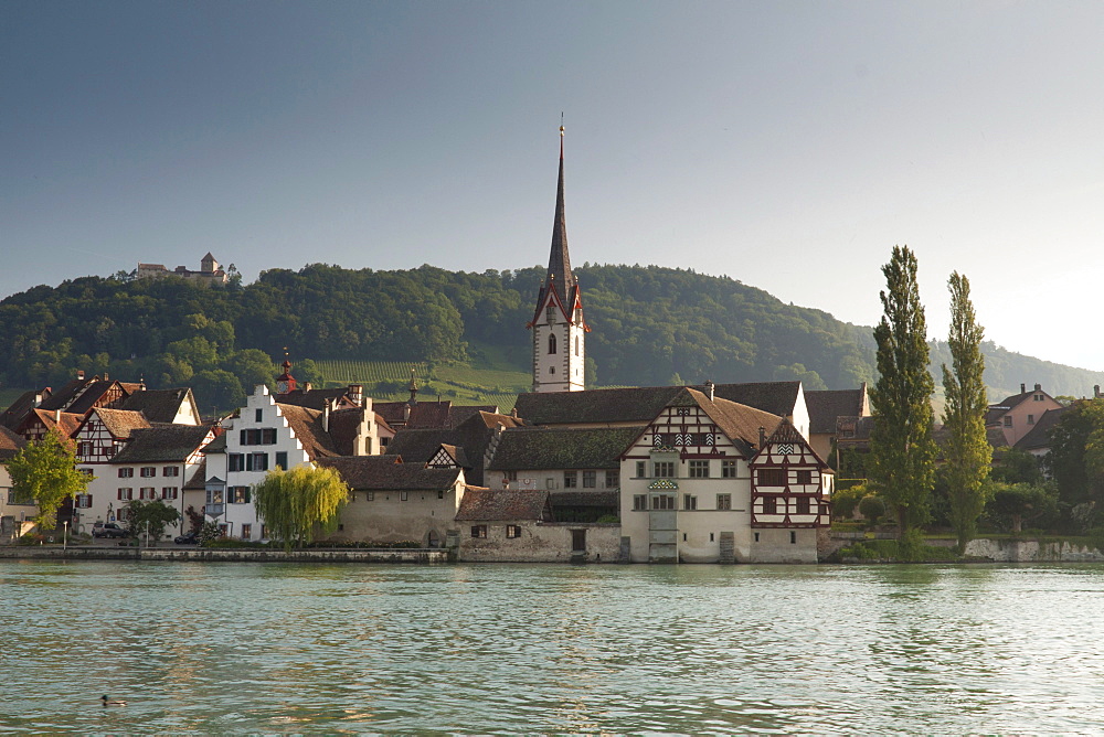 Stein am Rhein, with its medieval town center, on the ridge behind, Burg Hohenklingen Castle, Switzerland, Europe